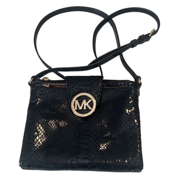 Michael Kors Fulton Black Python Embossed Leather Crossbody - Picture 1 of 16